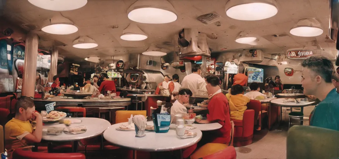 Prompt: daleks serving food, inside a vintage fast food restaurant, hamburgers and soda, happy family, kodak Ektachrome 10, 15mm wide angle close up