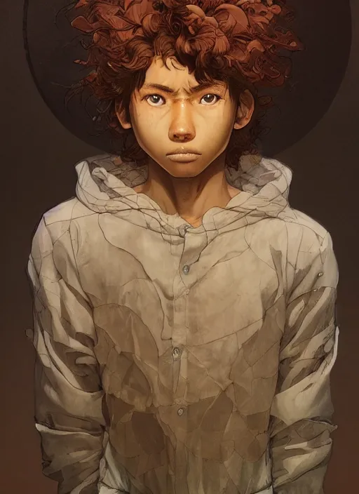 Image similar to prompt : portrait soft light painted by james jean and katsuhiro otomo and erik jones, inspired by akira anime, epic fantasy, a young long haired peasant boy with dark skin, brown skin, a dark complexation in plain fantasy clothing with intelligent eyes, intricate oil painting, high detail illustration, sharp high detail