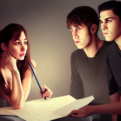 Prompt: realistic portrait of a terrified female author looking at some written notes while three male and one female characters look intensely, aesthetic!, trending on artstation, detailed digital art,