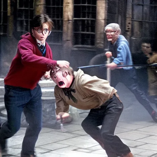 Prompt: harry potter smashes a man in the face with a chair