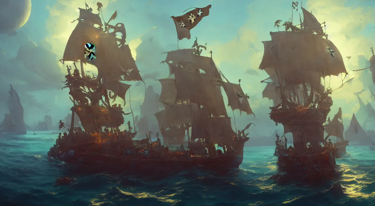 Image similar to pirates on a ghost ship with the Jolly Roger flag in the ocean, volumetric lighting, fantasy art overwatch and heartstone video game icon, a detailed matte painting, by RHADS, cgsociety, matte painting, artstation hq, octane render, 8k, by makoto shinkai and Beeple Jorge Jacinto ,Tyler Edlin, philipsue on artstation