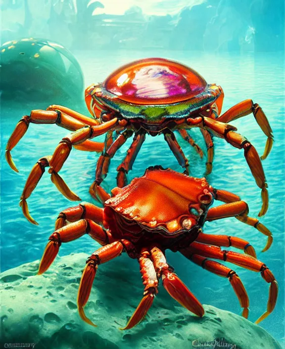 Image similar to intricate colorful transparent portrait of a disturbing beautiful alien crab creature, mottled coloring, adorable, childlike, underwater environment, ultra realistic, concept art, art nouveau, photorealistic, octane render, 8 k, unreal engine. art by christopher marley and artgerm and greg rutkowski and alphonse mucha