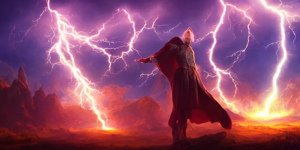 Image similar to wizard in front of magical explosion, lightning, fantasy, concept art, 8 k