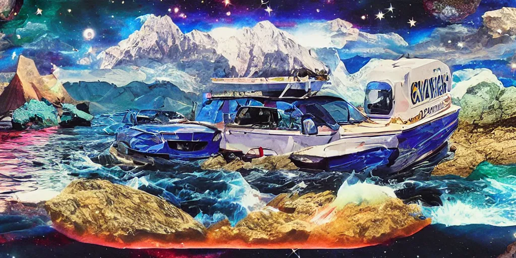 Image similar to river stars galaxy boat mountain phone car, collage artwork