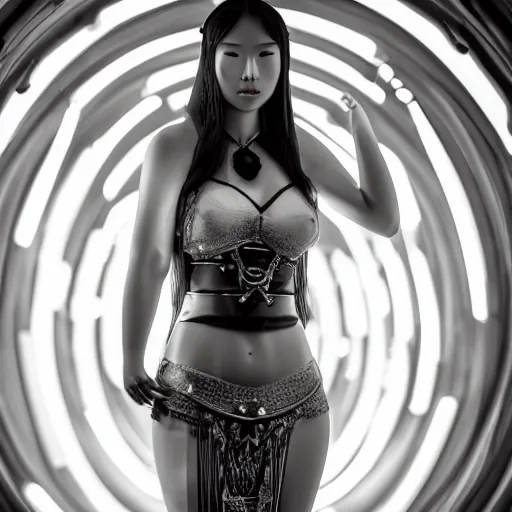 Prompt: closeup photo of beautiful sexy Chinese ancient princess standing in the tunel in the space ship segment, ornamental jewelry and ancient sexy clothes, futuristic space ship interrior, wires with lights,depth of field, lens flare, moody lighting, moody photography, vintage old photo, black and white, sepia, cinematic lighting, cinematic angle, editorial photography