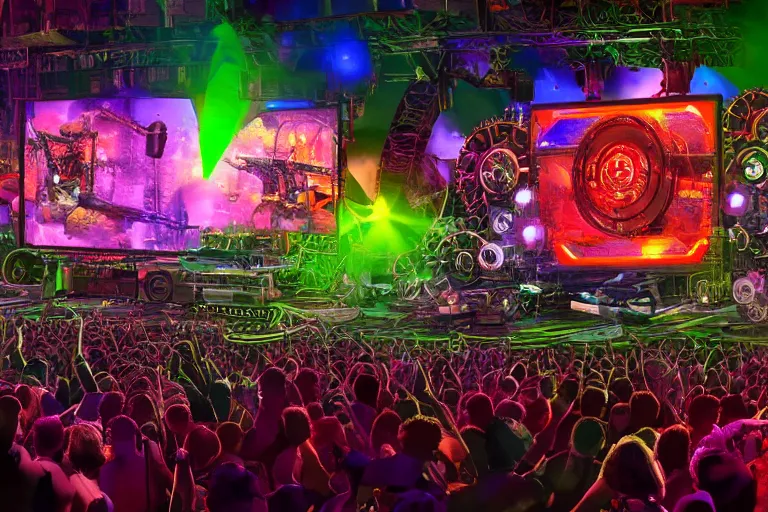 Prompt: an outdoor festival stage with audience, big 3 d letters tripmachine, center of the stage is a big futuristic steampunk machine with gears and belts and tubes, surrounded by big screens and loudspeakers, rock musicians on the stage, laser show, 8 k, fluorescent colors, halluzinogenic, multicolored, exaggerated detailed, unreal engine