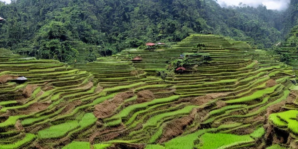 Prompt: a photo of ifugao rice terraces in the Philippines covered in snow,