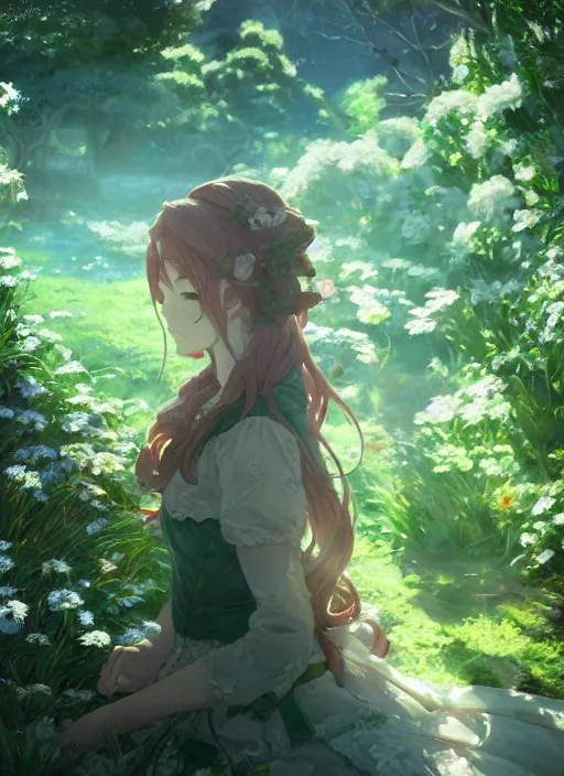 Prompt: a portrait of the emerald herald in the garden, intricate, tone mapped, ambient lighting, highly detailed, digital painting, pixiv, concept art, sharp focus, by makoto shinkai and akihiko yoshida and hidari and wlop