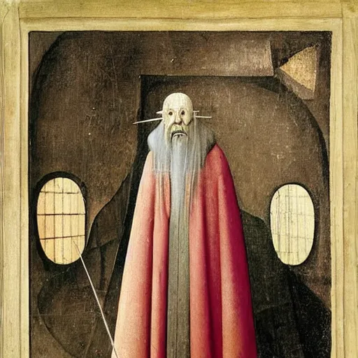 Image similar to portrait of an old skinny wise wizard man in an ancient robe, art by hieronymus bosch