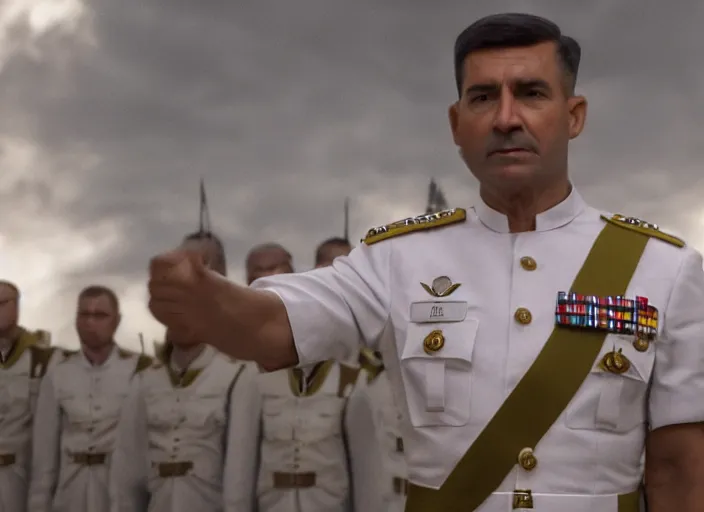 Image similar to proud general wearing a white tunic uniform, no medals, no epaulettes, his arms are behind his back, ultra realistic, 4 k, movie still, uhd, sharp, detailed, cinematic, render, modern