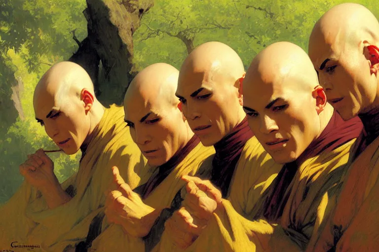 Image similar to bald monks from the last airbender, painting by gaston bussiere, craig mullins, j. c. leyendecker