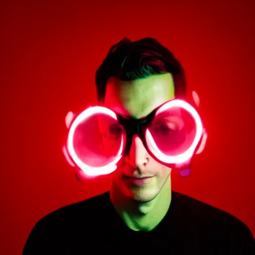 Prompt: portrait of neil cicierega holding his cat in the dark, red lighting on their faces, black background, nighttime, their right eyes are shining brightly like a star, it's dark