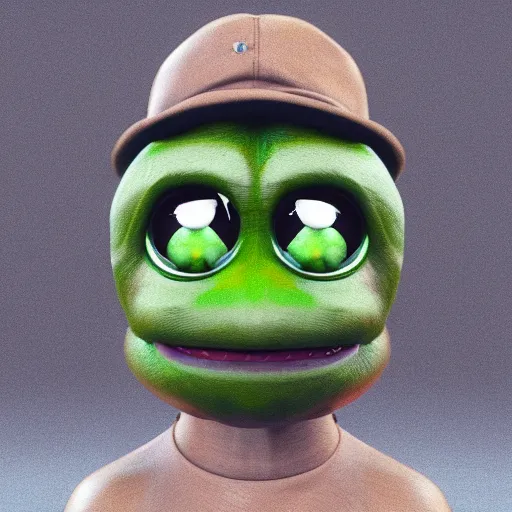 Prompt: a madge - pepe - the - frog, looking more depressed than usual, quivering lips, fists in the air, sweat flying, cgi render, zbrush, octane, keyshot render