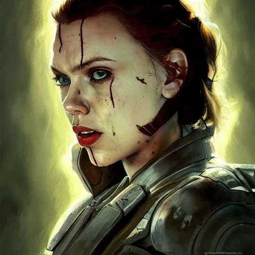 Image similar to scarred doomguy played by scarlett johansson, face portrait, hd shot, digital portrait, elegant, beautiful, fantasy art, artstation, comic style, by artgerm, guy denning, jakub rozalski, magali villeneuve and charlie bowater