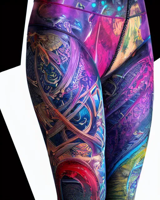 Image similar to Perfect leggings pattern imitating tattoos, focus on colorful pants, completely frontal and 100 percent symmetrical close-up on legs, highly detailed, digital painting, artstation, concept art, smooth, sharp focus, illustration, art by Artgerm and Hajime Sorayama