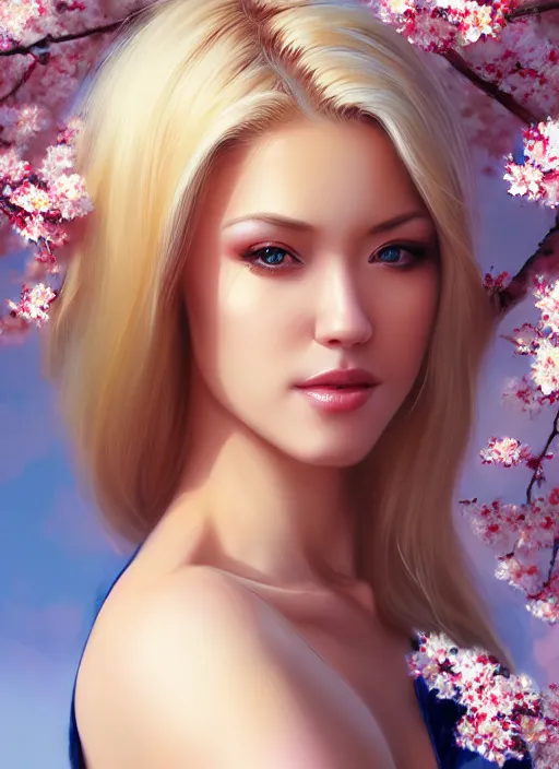 Image similar to photo of a gorgeous blonde female in the style of stefan kostic, realistic, half body shot, sharp focus, 8 k high definition, insanely detailed, intricate, elegant, art by stanley lau and artgerm, extreme blur cherry blossoms background