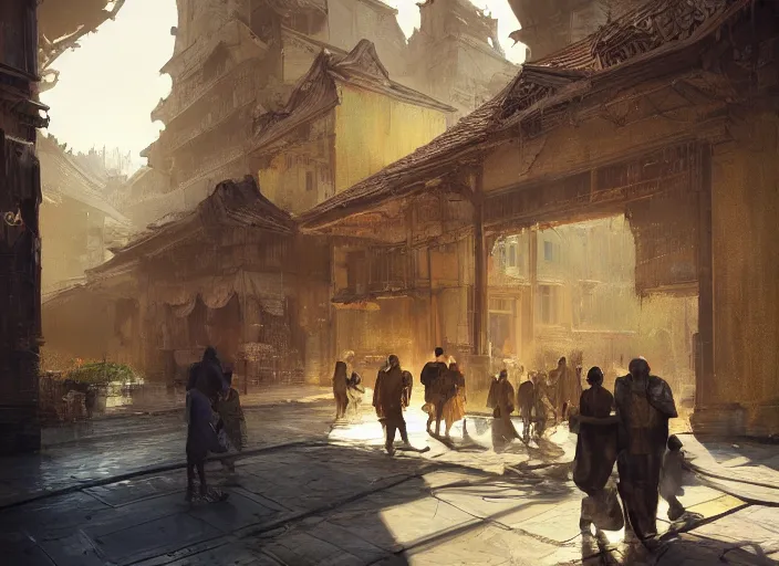 Image similar to the rich golden house and poor people around volumetric lighting, digital painting, highly detailed, artstation, sharp focus, illustration, concept art, ruan jia, steve mccurry, amazing composition