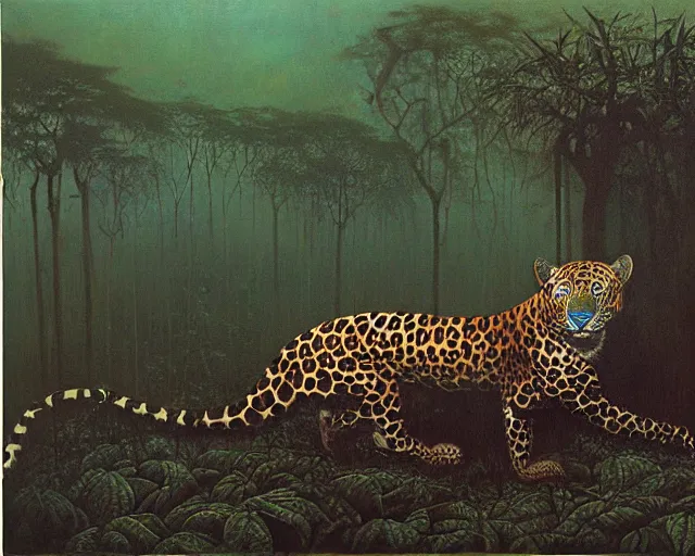 Image similar to Beksinski painting. Jaguar in a dark misty jungle, painted by Beksinski