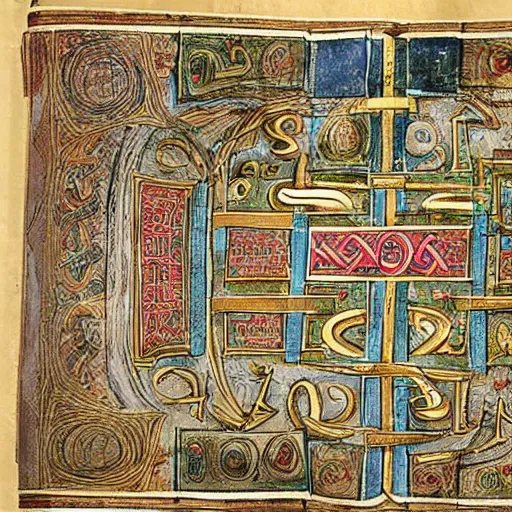 Prompt: an ancient manuscript , book of kells, detailed plans for a warp drive spaceship