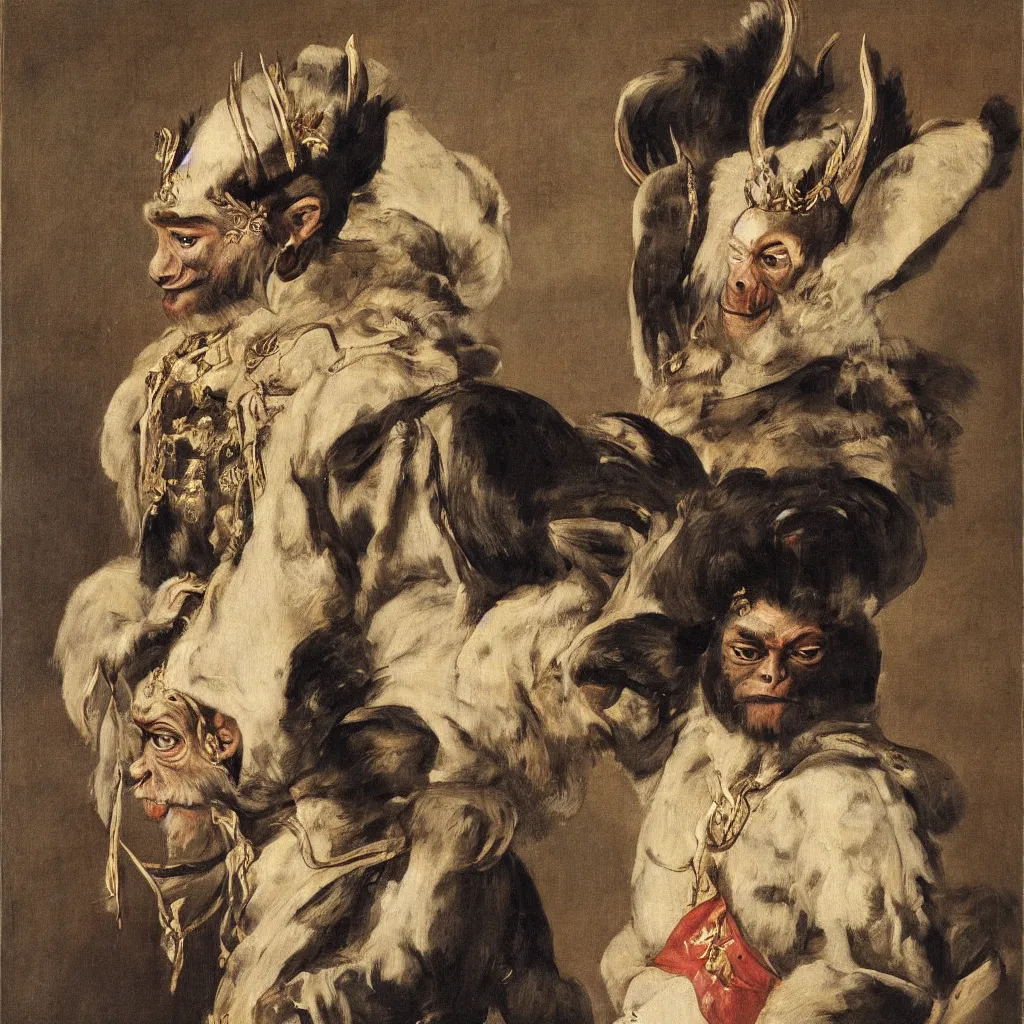 Image similar to portrait of a monkey king of spain, artwork by velazquez, wearing a donkey ears