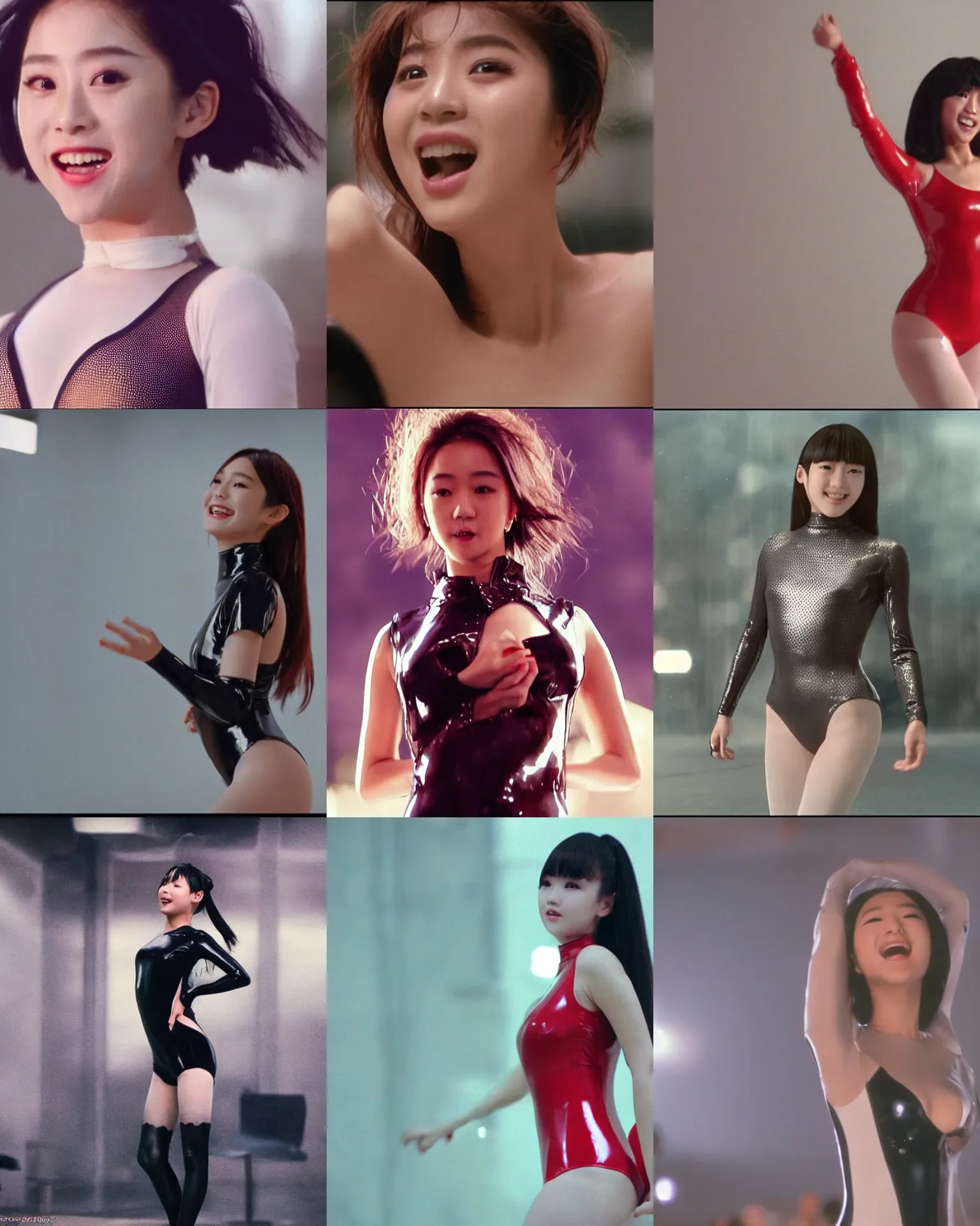 Image similar to Worksafe,clothed.1990s,unbelievably beautiful,perfect,dynamic,epic,cinematic movie shot of a close-up beautiful cute young J-Pop idol actress girl in latex leotard,expressing joy.By a Iranian movie director.Motion,VFX,Inspirational arthouse,high budget,hollywood style,at Behance,at Netflix,Instagram filters,Photoshop,Adobe Lightroom,Adobe After Effects,taken with polaroid kodak portra