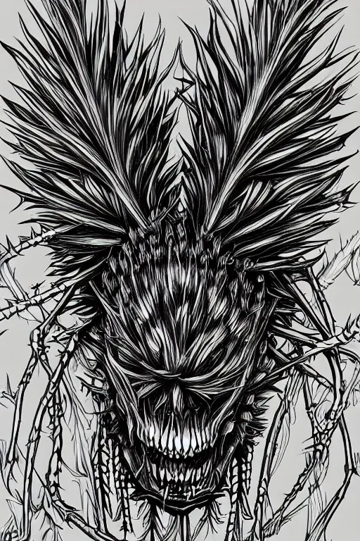 Image similar to a thistle skeleton hybrid monster, highly detailed, digital art, sharp focus, trending on art station, artichoke, anime art style
