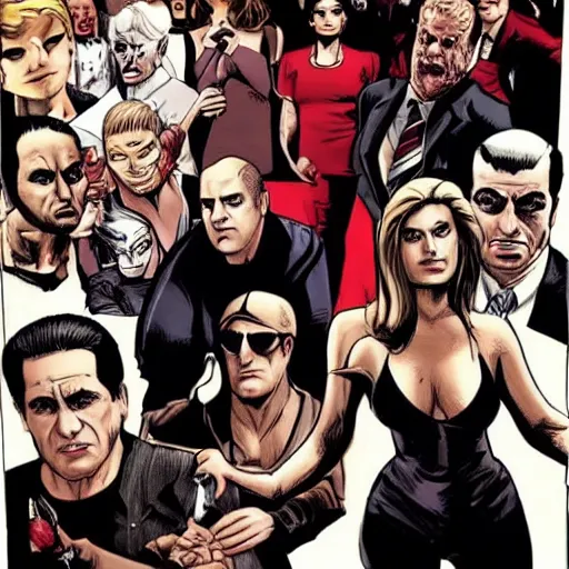 Image similar to [the cast of the sopranos as the dark avengers]