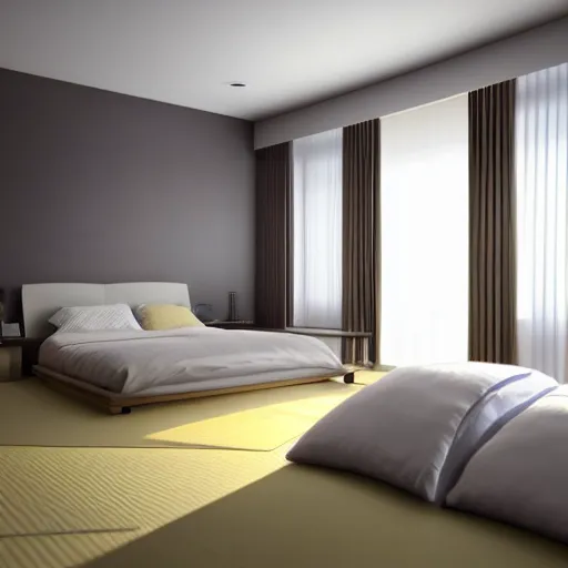 Image similar to still photo of a japanese master bed room, highly detailed, photorealistic portrait, bright studio setting, studio lighting, crisp quality and light reflections, unreal engine 5 quality render