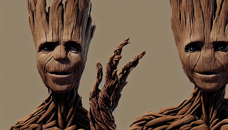 Prompt: realistic groot made of cardboard!! Cinematic, 8k, render, film still