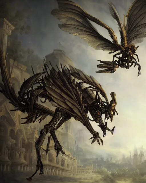 Prompt: A epic and beautiful rococo painting of A humanoid mosquito, reminiscent of a winged medieval knight. ultra-detailed. Castlevania style. Anime, pixiv, UHD 8K CryEngine, octane render