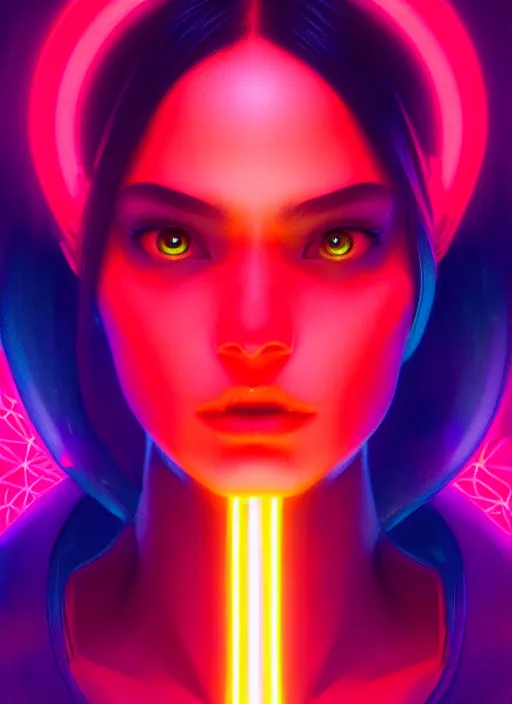 Image similar to beautiful neon woman, by greg rutkowski, symmetry, concept art by artgerm, distance render portrait of a hyper realistic, pixar, intense, epic, powerfull, alphonse mucha, octane render, highly detailed, high quality, 8 k, soft lighting, path traced, and uang guangjian and gil elvgren, symmetry!!