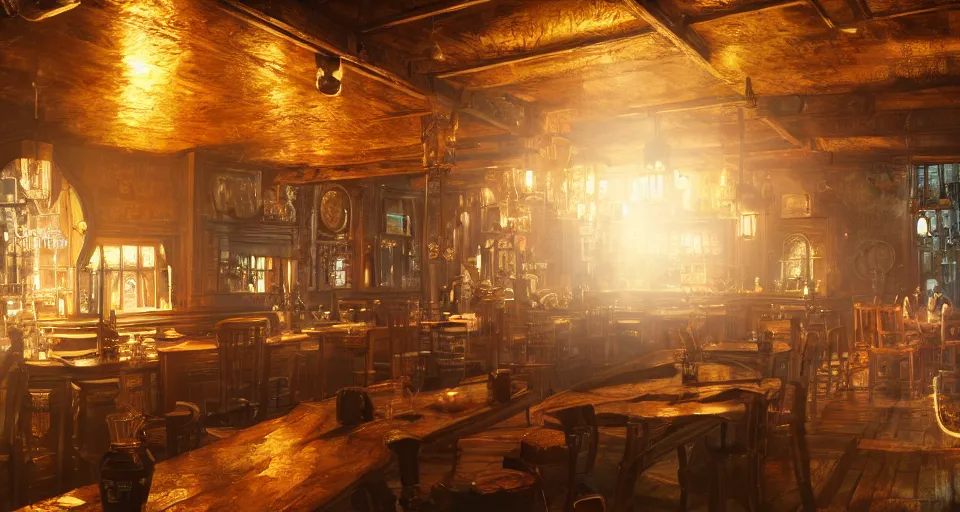 Image similar to alchemy tavern, hyperdetailed, artstation, cgsociety, golden hour 8 k, volumetric lighting, hard blue light