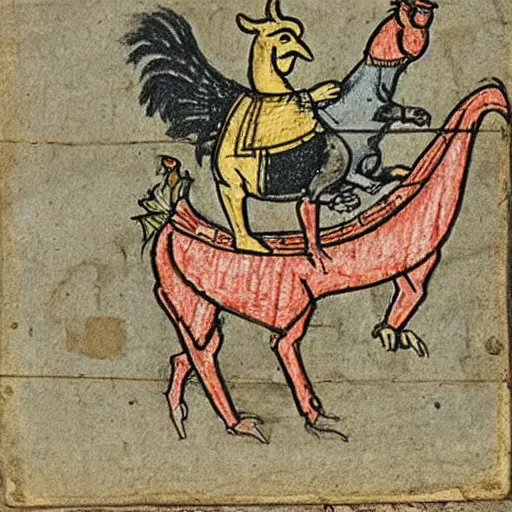 Prompt: a medieval drawing of a rooster riding a goat jousting with a dog riding a donkey