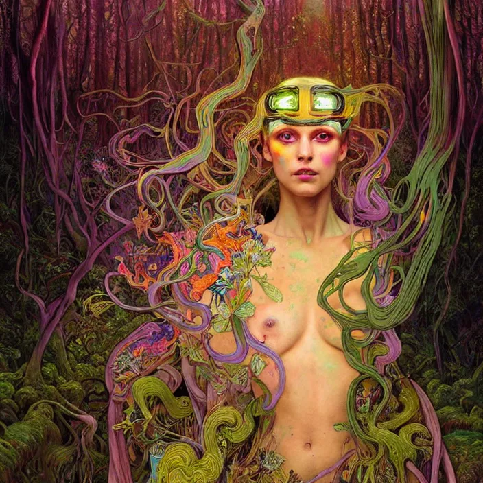 Image similar to bright psychedelic portrait of organic cyborg covered in mud in an ancient forest, diffuse lighting, fantasy, intricate, elegant, highly detailed, lifelike, photorealistic, digital painting, artstation, illustration, concept art, smooth, sharp focus, art by John Collier and Albert Aublet and Krenz Cushart and Artem Demura and Alphonse Mucha