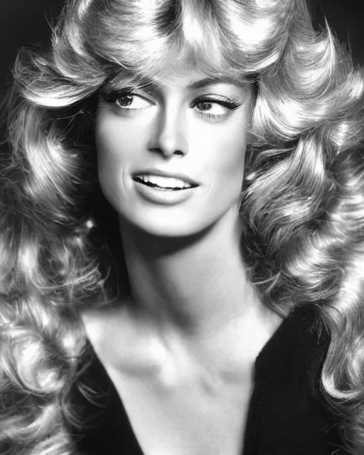 Image similar to 2 8 mm closeup portrait of a beautiful young farrah fawcett with long blonde wind blown hair in a photo studio, rim lighting, glamour pose!!!, hyper realistic, soft lighting, art frahm, pinup, hd, octane, arney freytag!!!, 1 9 4 5