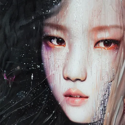 Image similar to jisoo of blackpink, snake, hyperrealistic portrait, bladerunner street, by karol bak and agnes cecile, album cover, fantasy art, photo realistic, dynamic lighting, artstation, poster, volumetric lighting, very detailed face, 8 k, award winning