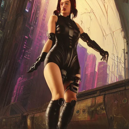 Image similar to cyberpunk woman | powerful | hyperrealistic | lush background | sci fi environment | action pose | digital painting | trending on artstation | pinup portrait | clean | illustration | dressed | unreal engine 5 | 8 k resolution | by greg rutkowski, j. w. waterhouse, alphonse mucha, olivia de berardinis, gustav klimt and mel ramos