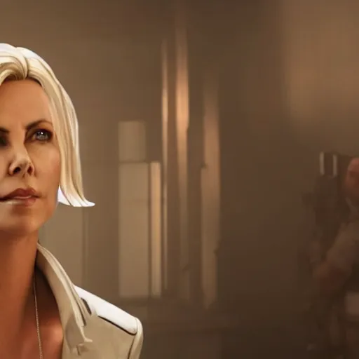 Prompt: film still of charlize theron as mercy in overwatch ( 2 0 2 3 )