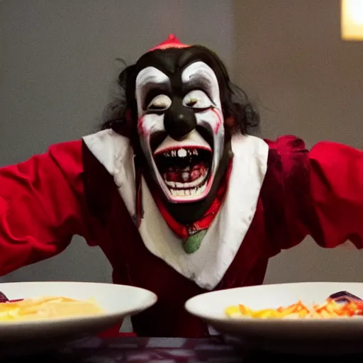 Prompt: vampire clown spins sushi at the table