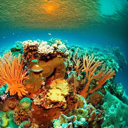 Image similar to treasure hidden under the coral in the ocean, beautiful composition, wide angle, colorful, cinematic, volumetric lighting, intricate details