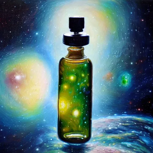 Prompt: photorealistic oil painting of a universe in a bottle