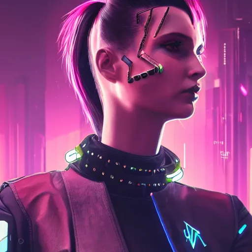 Image similar to female V from Cyberpunk 2077 wearing spiked black collar around neck, realistic, art, beautiful, 4K, HD, collar, choker, collar, choker, punk, artstation, wallpaper,