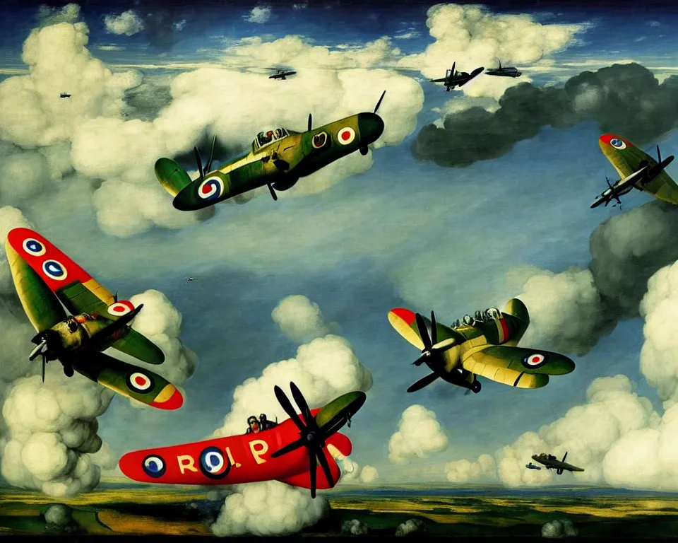 Prompt: an achingly beautiful print of the Battle of Britain by Raphael, Hopper, Goya, and Rene Magritte. detailed, romantic, enchanting, trending on artstation.