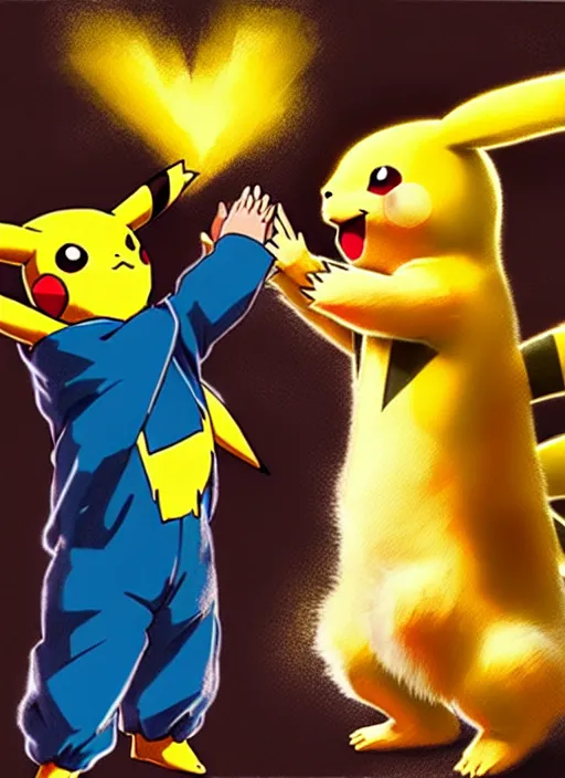 Prompt: Pikachu doing a high five to Goku, diffuse lighting, fantasy, intricate, elegant, highly detailed, lifelike, photorealistic, digital painting, artstation, illustration, concept art, smooth, sharp focus, art by John Collier and Albert Aublet and Krenz Cushart and Artem Demura and Alphonse Mucha