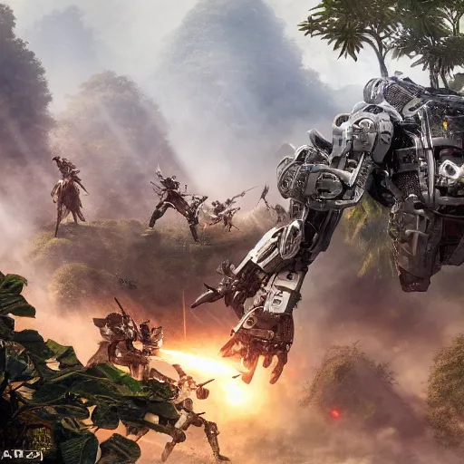 Image similar to Ragtag militia fighting advanced humanoid combat robots in a jungle in 2020, combat photography by Feng Zhu, highly detailed, excellent composition, cinematic concept art, dramatic lighting, trending on ArtStation
