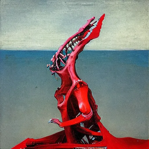 Prompt: A crowned figure seated on a whale skeleton swimming in the sea by Francisco Goya and Francis Bacon, vibrant red background, mythological painting, oil painting, triadic color scheme, very coherent, Beksinski painting