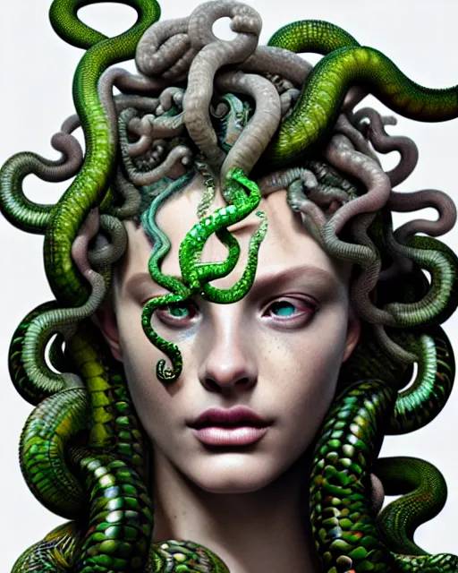 Image similar to hyperrealistic mixed media painting of beautiful Medusa, many green scaley serpents in her hair, gray stony skin, seductive expression, full body, stunning 3d render inspired art by P. Craig Russell and Barry Windsor-Smith + perfect facial symmetry + dim volumetric lighting, 8k octane beautifully detailed render, post-processing, extremely hyperdetailed, intricate, epic composition, grim yet sparkling atmosphere, cinematic lighting + masterpiece, trending on artstation, very very detailed, masterpiece, stunning