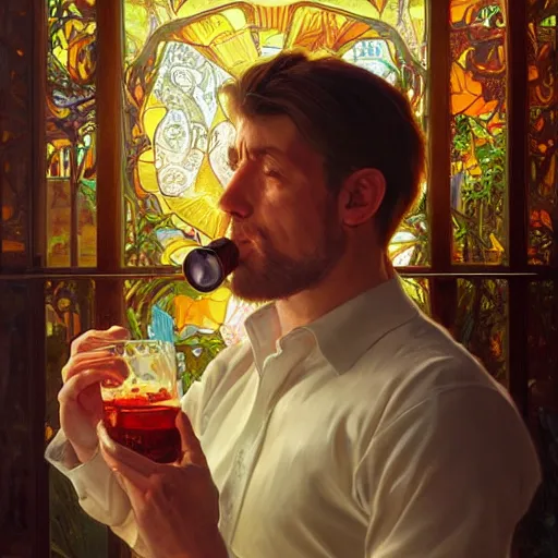 Prompt: portrait painting of john carmac drinking tequilla, ultra realistic, concept art, intricate details, serious, highly detailed, photorealistic, octane render, 8 k, unreal engine. art by artgerm and greg rutk owski and alphonse mucha