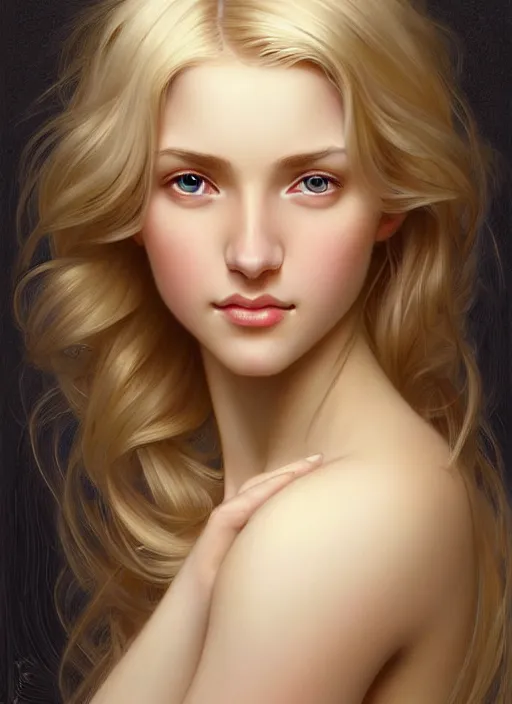 Image similar to beautiful feminine face! portrait of young woman blessed by god with ever - increasing physical and mental perfection, blonde hair, symmetrical!! intricate, elegant, highly detailed, vision of holy perfection!! smile, digital painting, artstation, concept art, smooth, sharp focus, illustration, art by artgerm and greg rutkowski and alphonse mucha