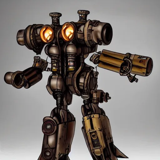 Image similar to a steampunk mech - suit designed to shoot down other mech - suits, anime, studio ghibli, steam, pipes, guns, copper, metal, slightly rusty, plain background, finely detailed, epic, intense, sparks, cinematic lighting,